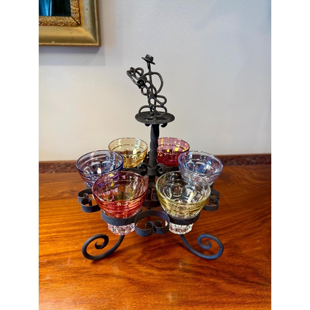 Vintage Cordial Glass Set • Dancing Couple Bar Caddy with 6 Colorful Glasses - Picture 8 of 17